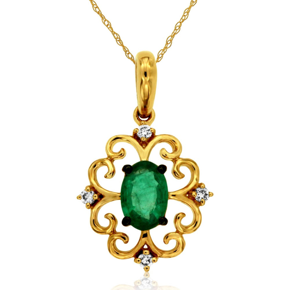 14K Yellow Gold Filigree Pendant Necklace with Oval Emerald and Diamond Accents - 0.44 Carat Emerald and 0.04 Carat Total Diamond Weight - Royal Jewelry