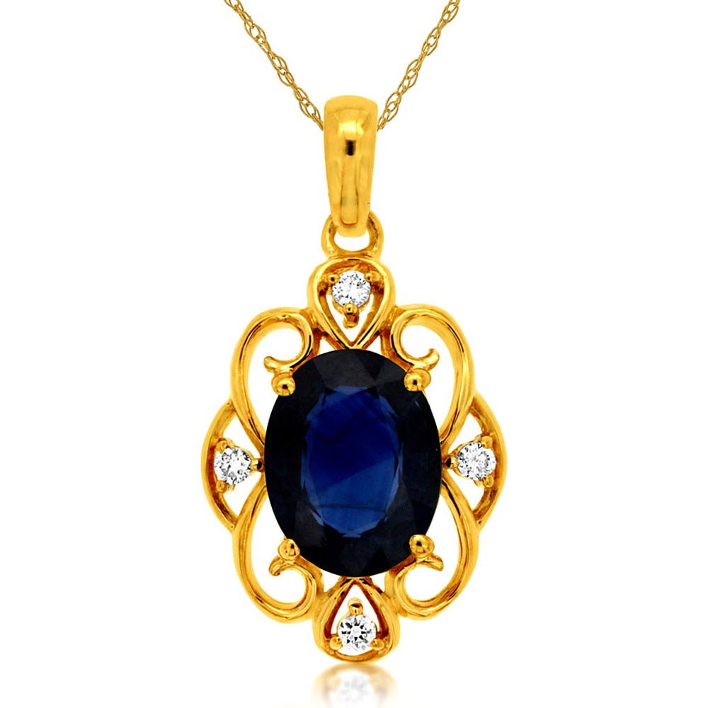 14K Yellow Gold Filigree Pendant Necklace with Oval Sapphire and Diamond Accents - 1.40 Carat Sapphire and 0.04 Carat Total Diamond Weight - Royal Jewelry