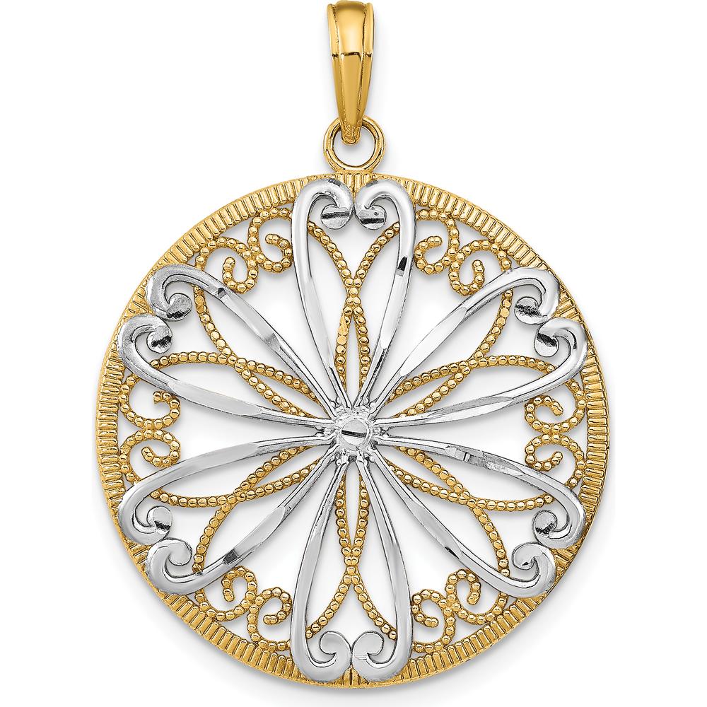 14K Yellow Gold Filigree Pendant with White Rhodium Accents - Elegant Fancy Charm by Oro Pregiato