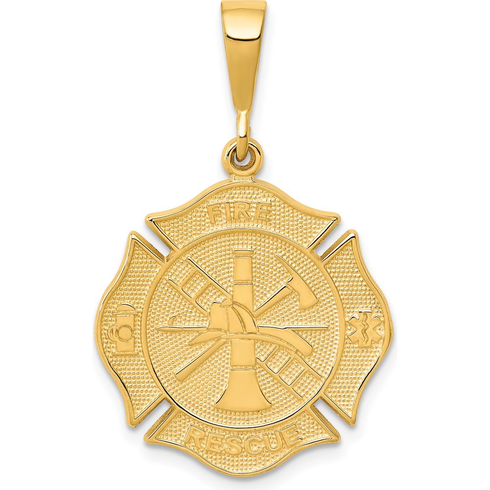 14K Yellow Gold Fire Rescue Badge Pendant with Polished and Textured Finish - 31.5mm Length, 19.5mm Width by Oro Pregiato