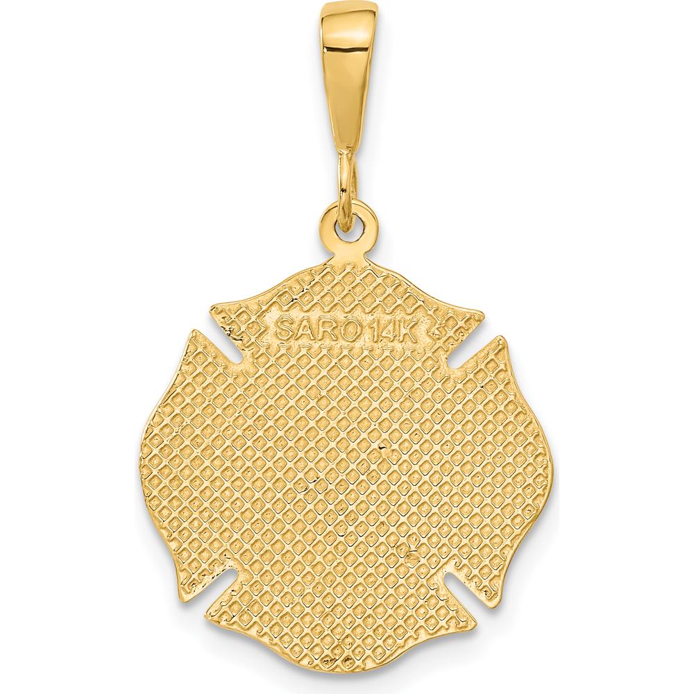 14K Yellow Gold Fire Rescue Badge Pendant with Polished and Textured Finish - 31.5mm Length, 19.5mm Width by Oro Pregiato