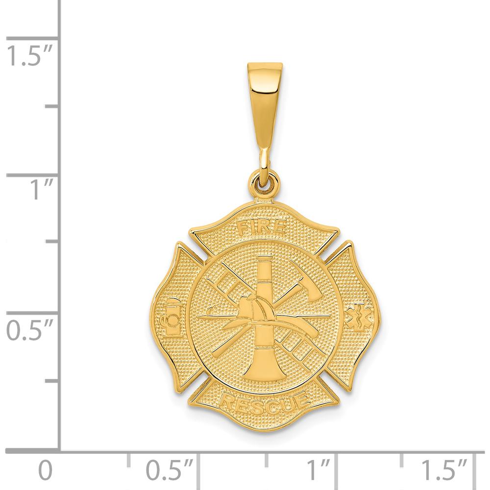 14K Yellow Gold Fire Rescue Badge Pendant with Polished and Textured Finish - 31.5mm Length, 19.5mm Width by Oro Pregiato