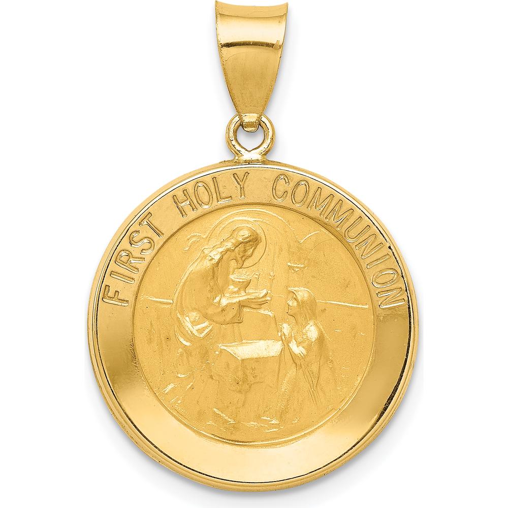 14K Yellow Gold First Holy Communion Medal Round Pendant with Polished and Satin Finish - 21mm Length by Oro Pregiato