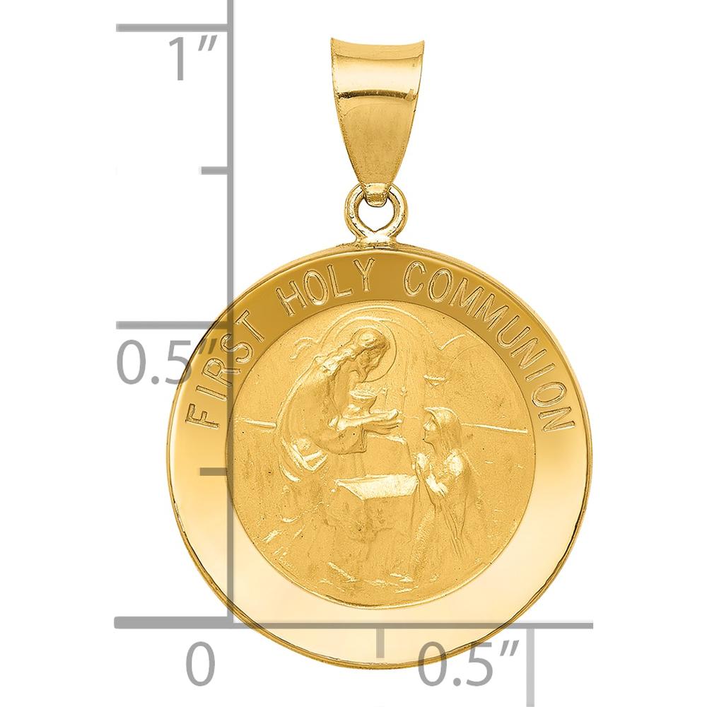 14K Yellow Gold First Holy Communion Medal Round Pendant with Polished and Satin Finish - 21mm Length by Oro Pregiato