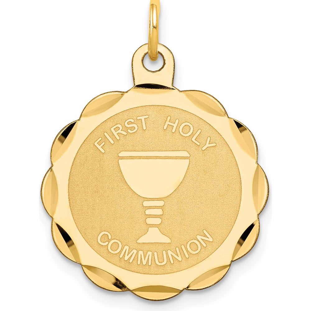 14K Yellow Gold First Holy Communion Round Disc Pendant with Polished and Satin Finish - 26mm Length x 20mm Width by Oro Pregiato