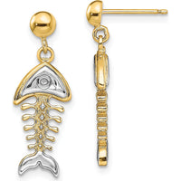 14K Yellow Gold Fishbone Dangle Earrings with Rhodium Accents and Diamond Accent - 0.10 Carat Total Diamond Weight by 0
