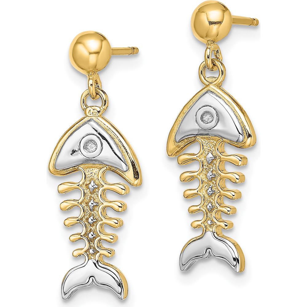 14K Yellow Gold Fishbone Dangle Earrings with Rhodium Accents and Diamond Accent - 0.10 Carat Total Diamond Weight by 0