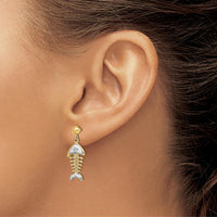 14K Yellow Gold Fishbone Dangle Earrings with Rhodium Accents and Diamond Accent - 0.10 Carat Total Diamond Weight by 0
