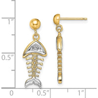 14K Yellow Gold Fishbone Dangle Earrings with Rhodium Accents and Diamond Accent - 0.10 Carat Total Diamond Weight by 0