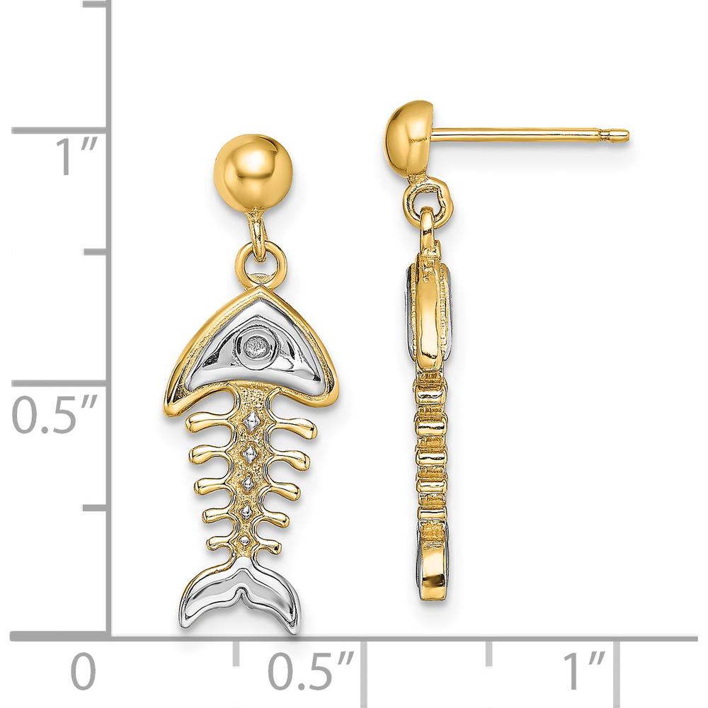 14K Yellow Gold Fishbone Dangle Earrings with Rhodium Accents and Diamond Accent - 0.10 Carat Total Diamond Weight by 0