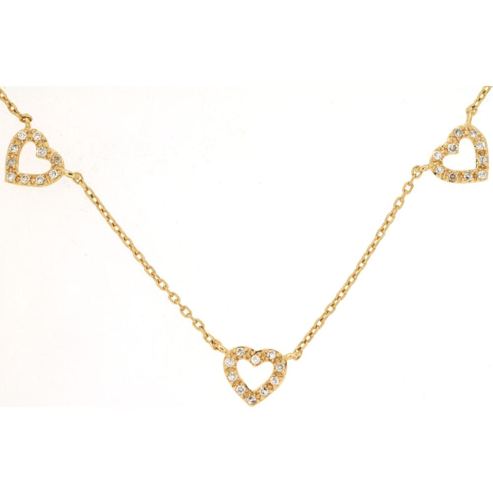 14K Yellow Gold Five Heart Station Necklace with Round Brilliant Cut Diamonds - 0.15 Carat Total Weight - Royal Jewelry