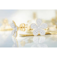 14K Yellow Gold Five-Petal Flower Stud Earrings with Pavé Set Round Diamonds - 0.84 Carat Total Diamond Weight - Royal Jewelry