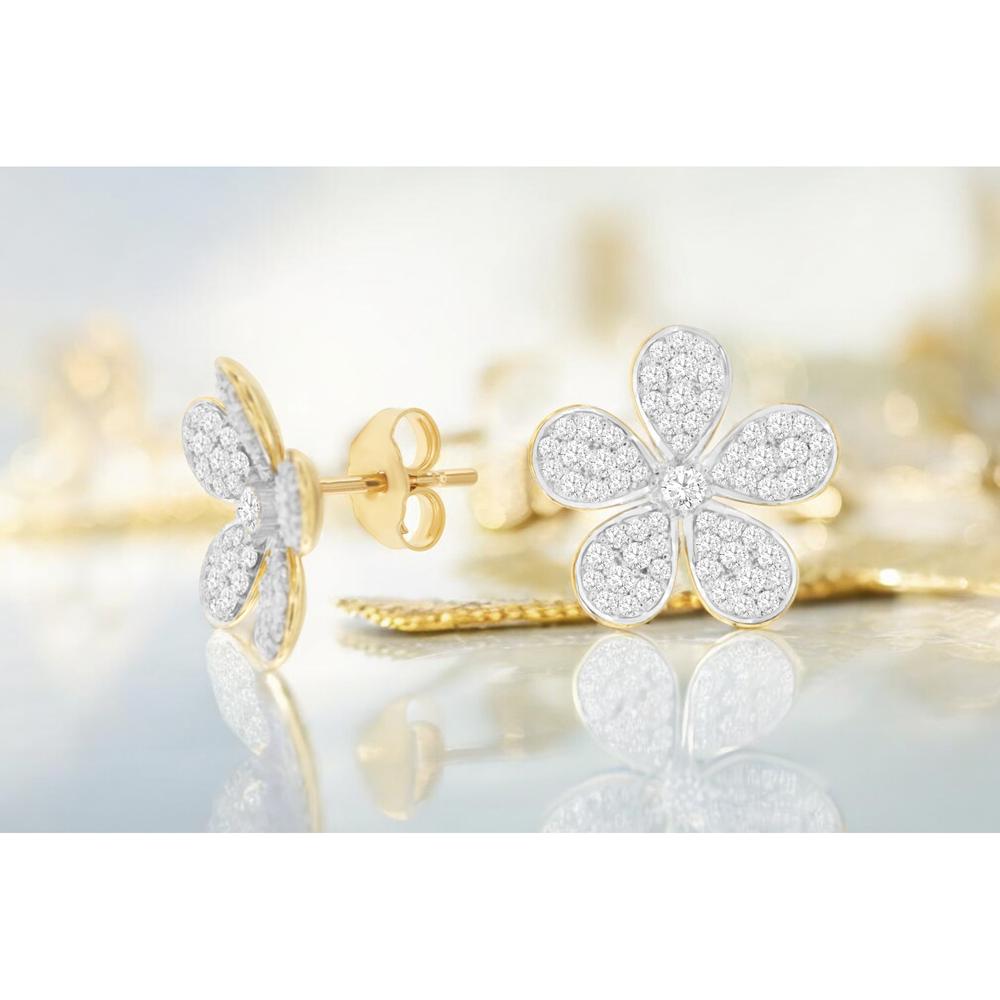 14K Yellow Gold Five-Petal Flower Stud Earrings with Pavé Set Round Diamonds - 0.84 Carat Total Diamond Weight - Royal Jewelry