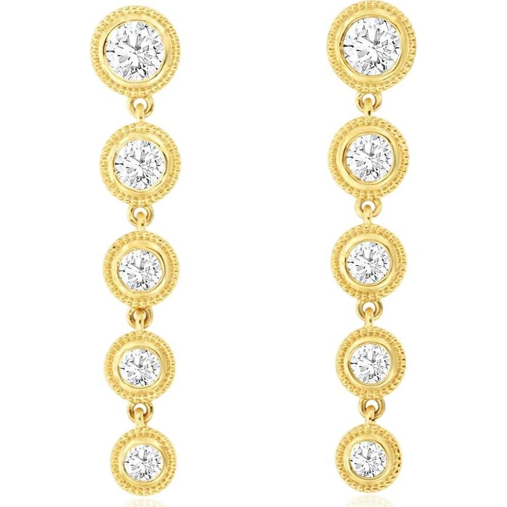 14K Yellow Gold Five-Station Diamond Drop Earrings with Milgrain Bezel Setting - 1.30 Carat Total Diamond Weight - Royal Jewelry