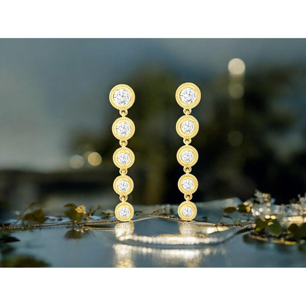 14K Yellow Gold Five-Station Diamond Drop Earrings with Milgrain Bezel Setting - 1.30 Carat Total Diamond Weight - Royal Jewelry
