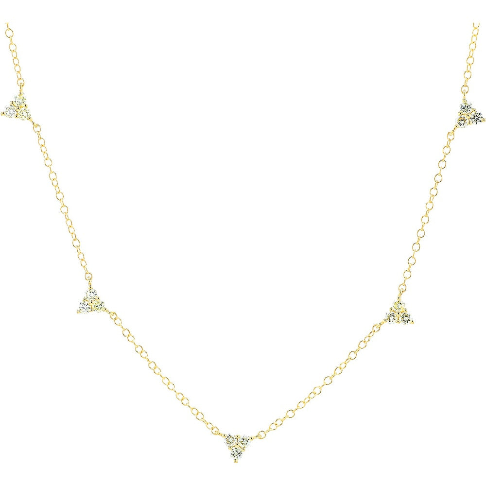 14K Yellow Gold Five-Station Necklace with Prong-Set Round Diamond Clusters - 0.55 Carat Total Diamond Weight