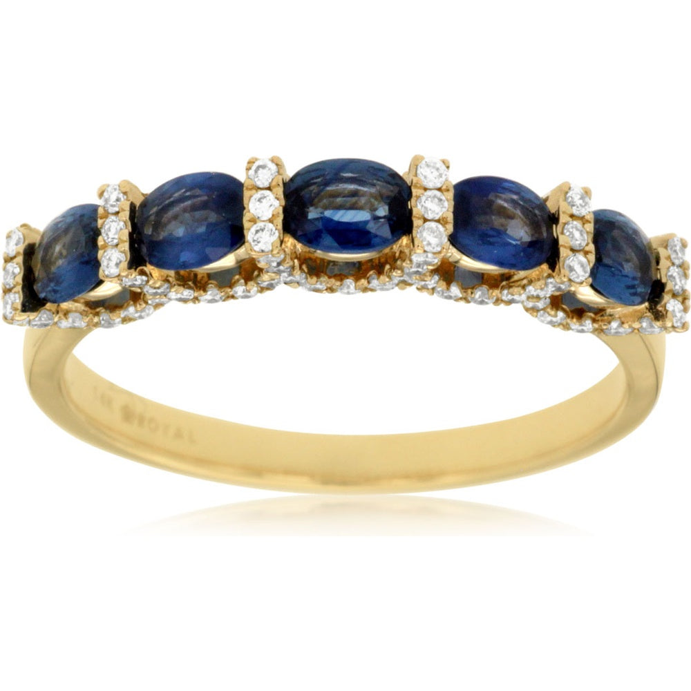 14K Yellow Gold Five-Stone Band Ring with Oval Sapphires and Round Diamond Accents - 1.10 Carat Total Sapphire Weight and 0.32 Carat Total Diamond Weight - Royal Jewelry