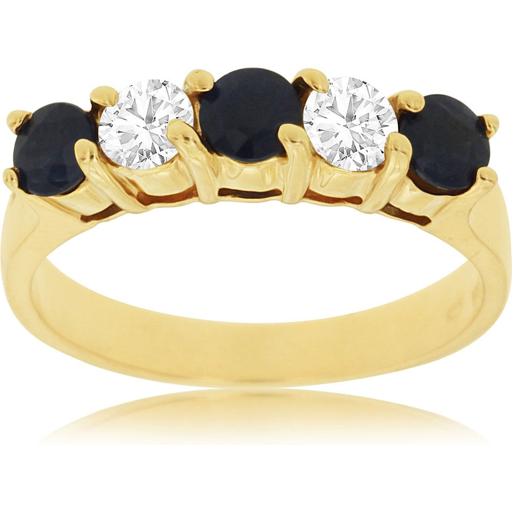 14K Yellow Gold Five-Stone Band with Alternating Round Black Gemstones and Round Diamonds - 0.40 Carat Total Diamond Weight - Royal Jewelry