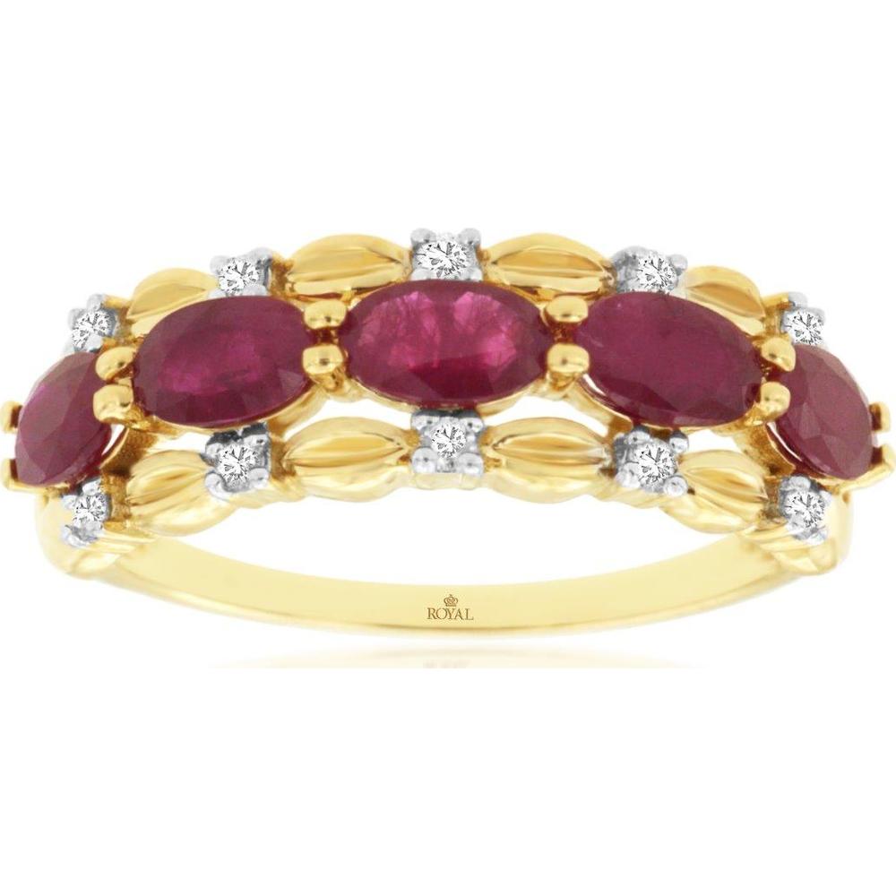 14K Yellow Gold Five-Stone Band with Oval Rubies and Round Diamond Accents - 1.50 Carat Ruby Total Weight, 0.10 Carat Diamond Total Weight - Royal Jewelry