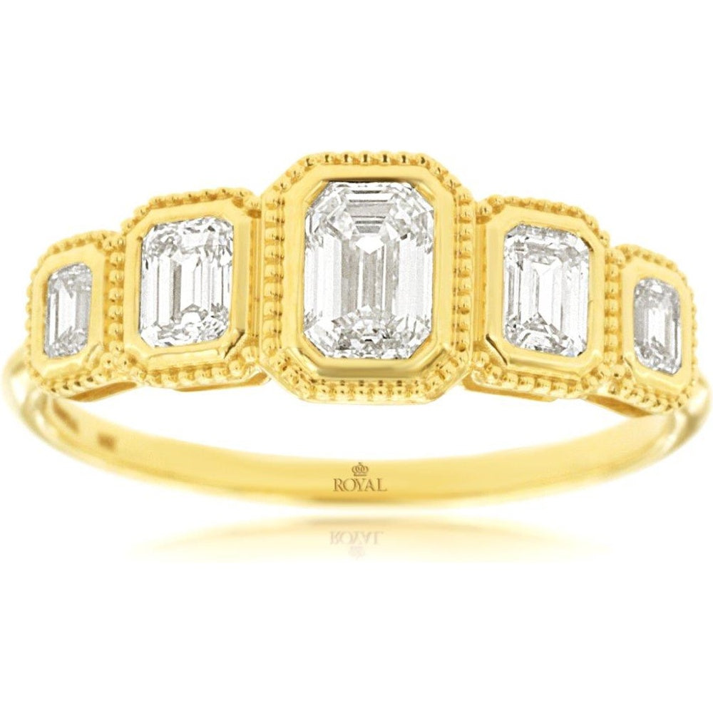 14K Yellow Gold Five-Stone Graduated Diamond Band with Emerald-Cut and Baguette Diamonds - 0.88 Carat Total Diamond Weight - Royal Jewelry