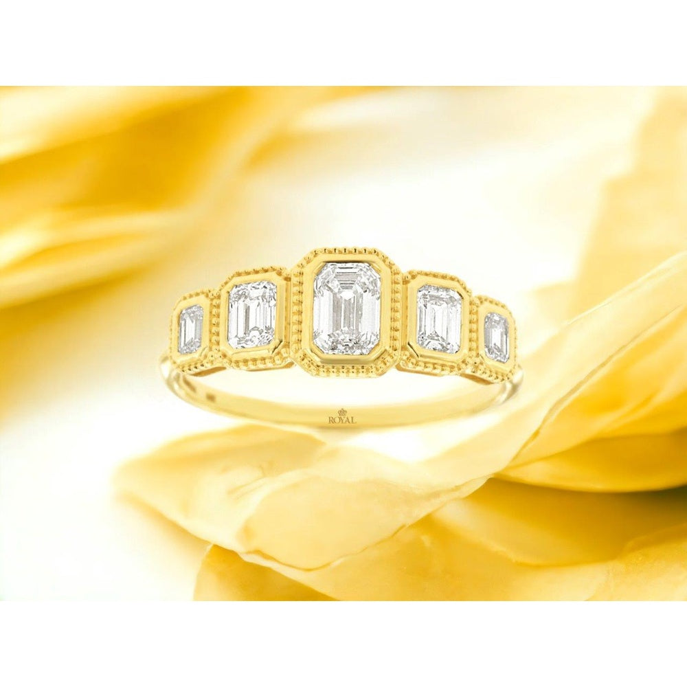14K Yellow Gold Five-Stone Graduated Diamond Band with Emerald-Cut and Baguette Diamonds - 0.88 Carat Total Diamond Weight - Royal Jewelry