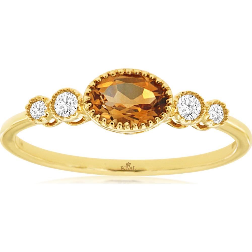 14K Yellow Gold Five-Stone Graduated Ring with Oval Citrine & Round Diamond Accents - 0.40 Carat Citrine, 0.09 Carat Total Diamond Weight - Royal Jewelry
