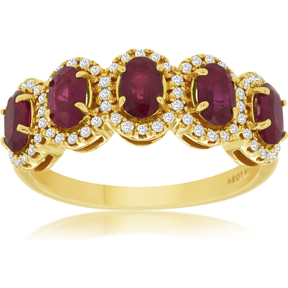 14K Yellow Gold Five-Stone Halo Ring with Oval Rubies and Round Diamonds - 1.10 Carat Total Ruby Weight and 0.25 Carat Total Diamond Weight - Royal Jewelry