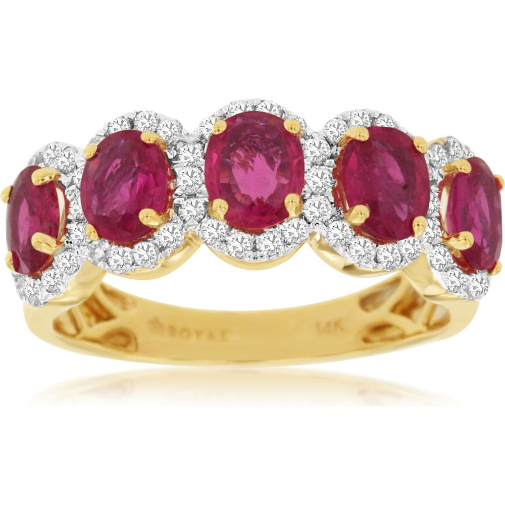 14K Yellow Gold Five-Stone Halo Ring with Oval Rubies and Round Diamonds - 2.15 Carat Total Ruby Weight and 0.44 Carat Total Diamond Weight - Royal Jewelry