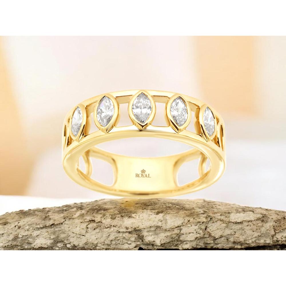 14K Yellow Gold Five-Stone Marquise Diamond Wedding Band with Bezel Settings - 0.55 Carat Total Diamond Weight - Royal Jewelry