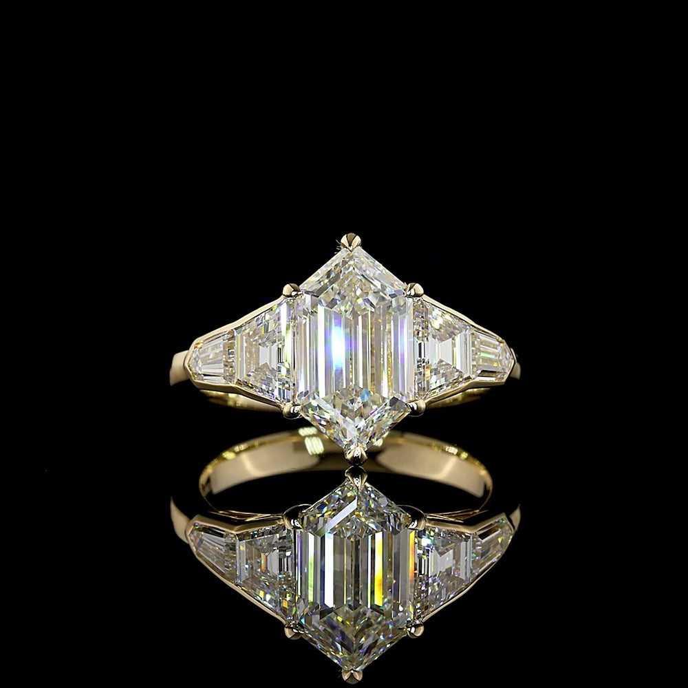 14K Yellow Gold Five-Stone Ring with 2.69 Carats Step Marquise Lab Diamond and 1.19 Carats Bullet & Trapezoid Side Stones - 4.10 Carats Total Diamond Weight - Covaloro Fine Jewelry