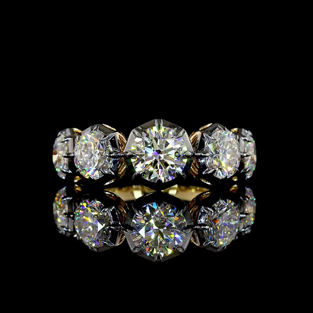 14K Yellow Gold Five-Stone Ring with Black Rhodium Prong and Bezel Set Round Lab Diamonds - 4.03 Carat Total Weight - Covaloro Fine Jewelry
