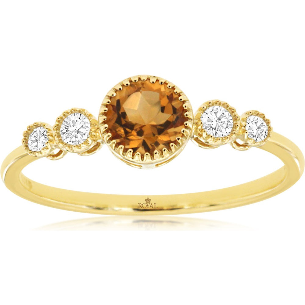 14K Yellow Gold Five-Stone Ring with Milgrain Detail, Round 0.45 Carat Citrine and Graduating 0.11 Carat Total Weight Diamonds - Royal Jewelry