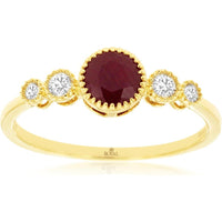 14K Yellow Gold Five-Stone Ring with Milgrain Edging Featuring a 0.65 Carat Round Ruby and 0.12 Carat Total Round Diamonds - Royal Jewelry