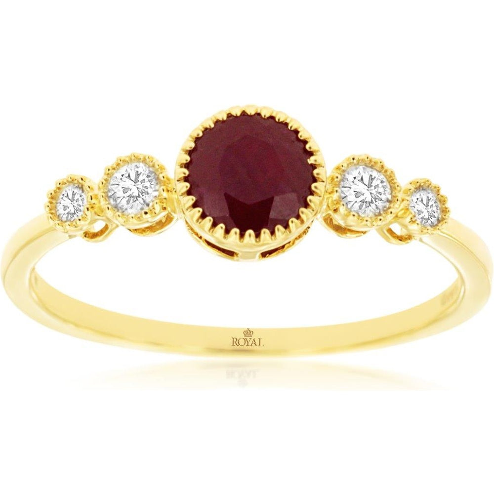 14K Yellow Gold Five-Stone Ring with Milgrain Edging Featuring a 0.65 Carat Round Ruby and 0.12 Carat Total Round Diamonds - Royal Jewelry