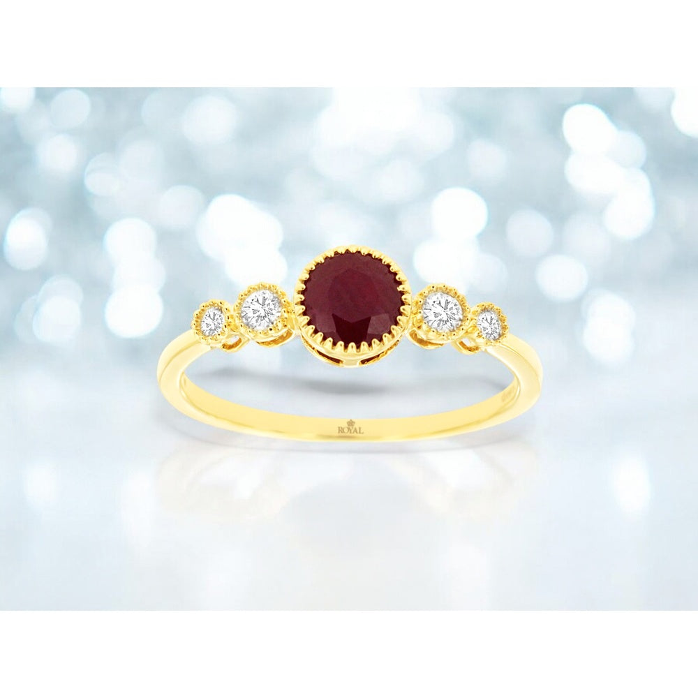 14K Yellow Gold Five-Stone Ring with Milgrain Edging Featuring a 0.65 Carat Round Ruby and 0.12 Carat Total Round Diamonds - Royal Jewelry