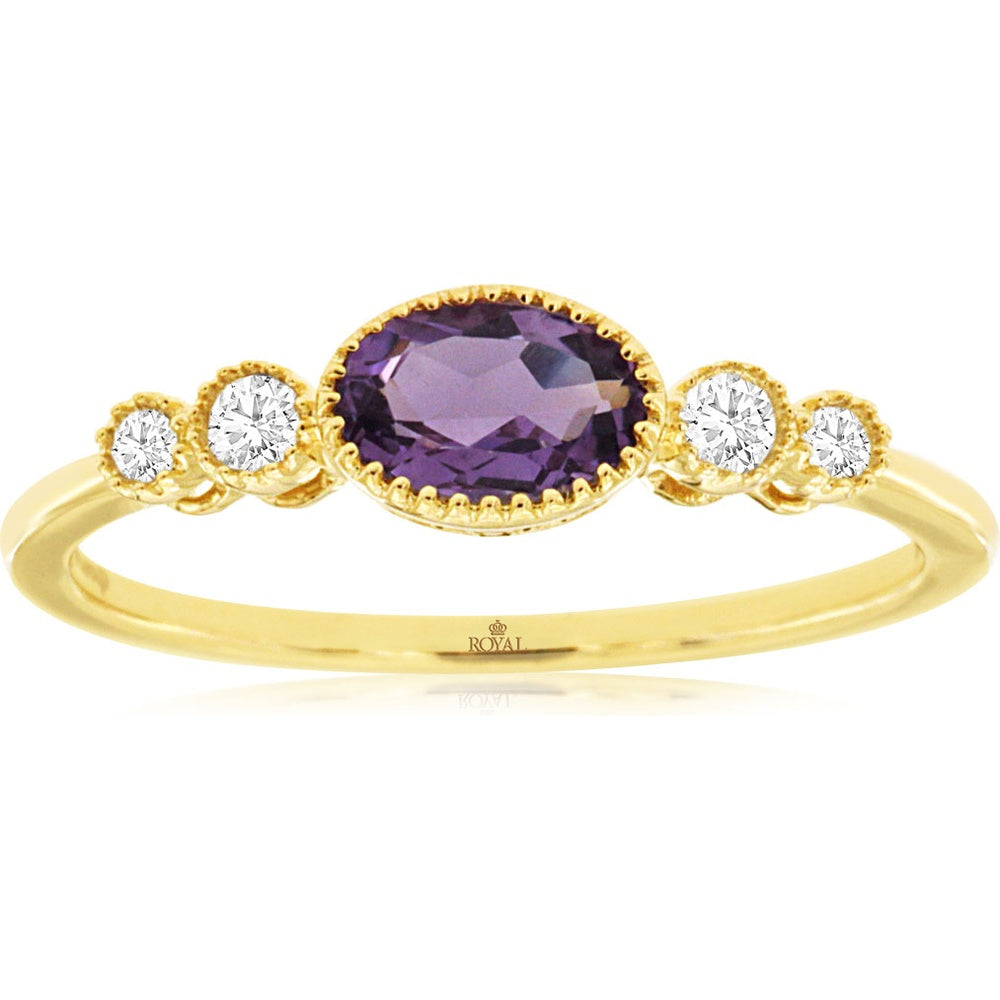 14K Yellow Gold Five-Stone Ring with Oval Amethyst and Round Diamond Accents - 0.45 Carat Amethyst and 0.09 Carat Total Diamond Weight - Royal Jewelry