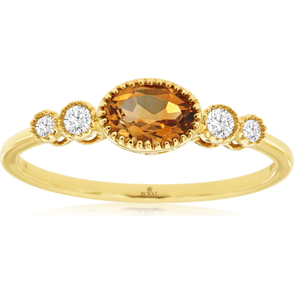 14K Yellow Gold Five-Stone Ring with Oval Citrine and Graduated Round Diamond Accents - 0.40 Carat Citrine and 0.09 Carat Total Diamond Weight - Royal Jewelry