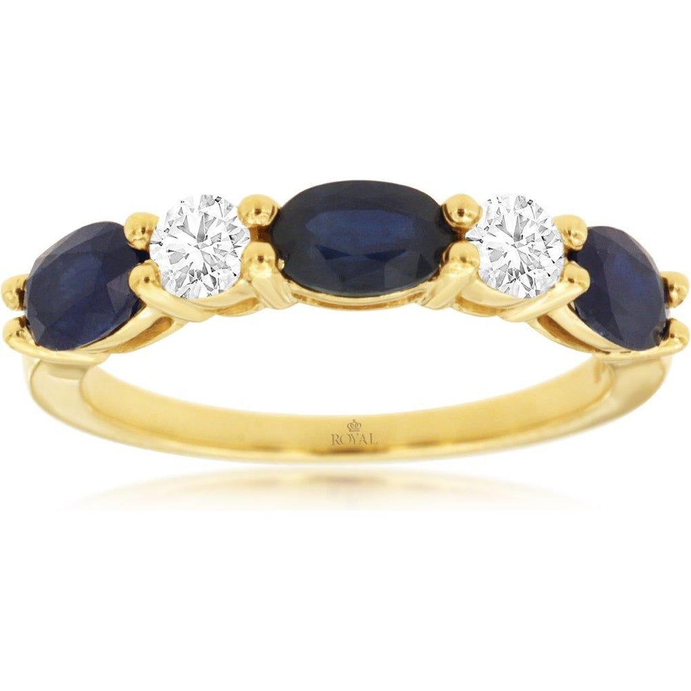 14K Yellow Gold Five-Stone Ring with Oval Sapphires and Round Diamond Accents - 1.75 Carat Total Sapphire Weight and 0.34 Carat Total Diamond Weight - Royal Jewelry