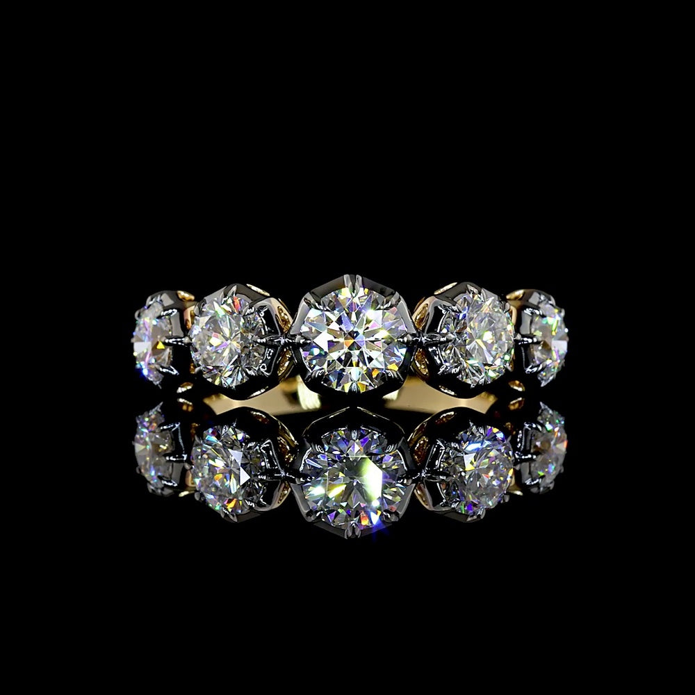 14K Yellow Gold Five Stone Ring with Round Brilliant Cut Lab Diamonds - 2.14 Carat Total Weight, E-F VS1 Clarity, Black Rhodium Accent - Covaloro Fine Jewelry