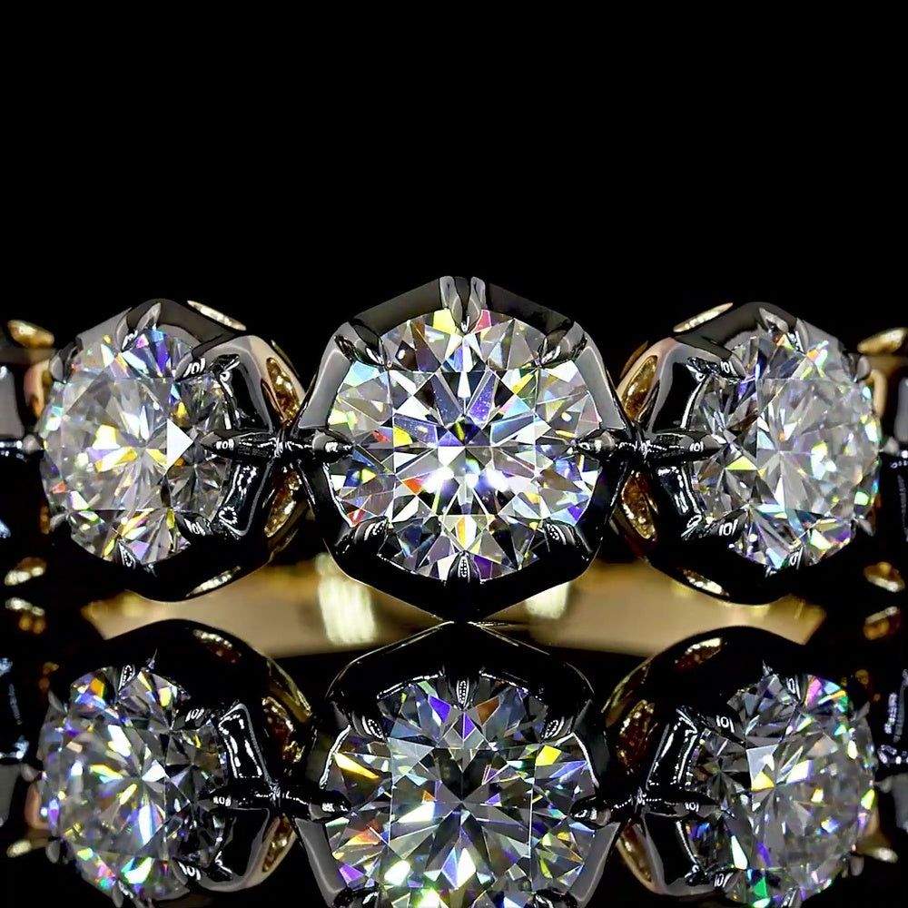 14K Yellow Gold Five Stone Ring with Round Brilliant Cut Lab Diamonds - 2.14 Carat Total Weight, E-F VS1 Clarity, Black Rhodium Accent - Covaloro Fine Jewelry