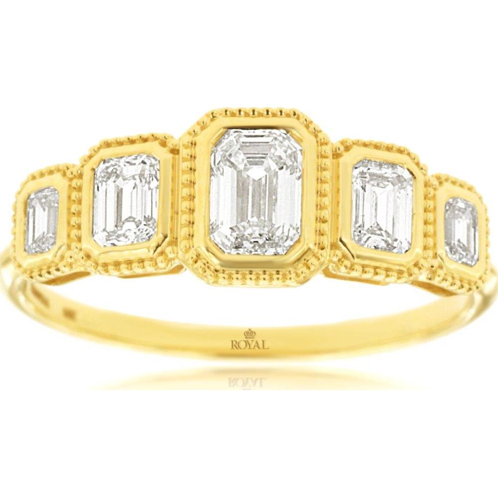 14K Yellow Gold Five Stone Wedding Band with Bezel Set Emerald Cut Diamonds - 0.88 Carat Total Diamond Weight - Royal Jewelry