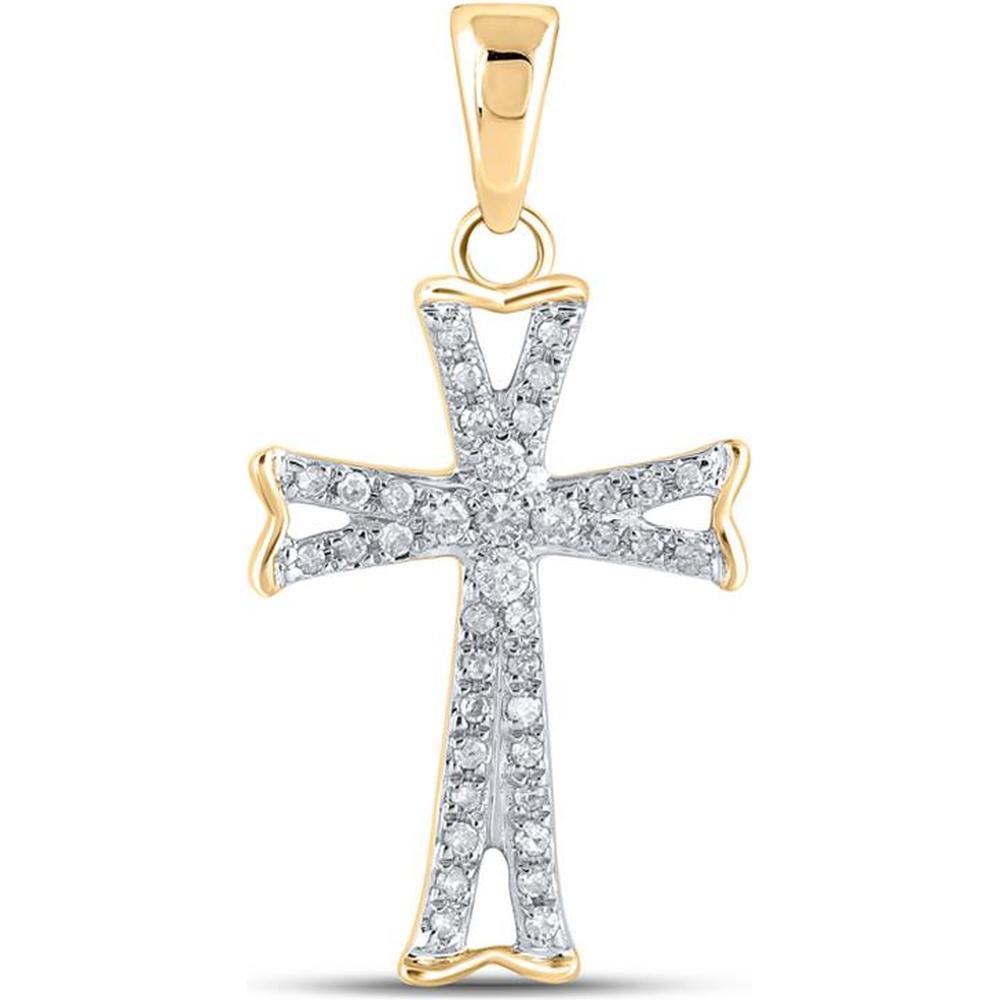 14K Yellow Gold Flared Cross Pendant with Prong-Set Round Diamonds - 0.12 Carat Total Diamond Weight