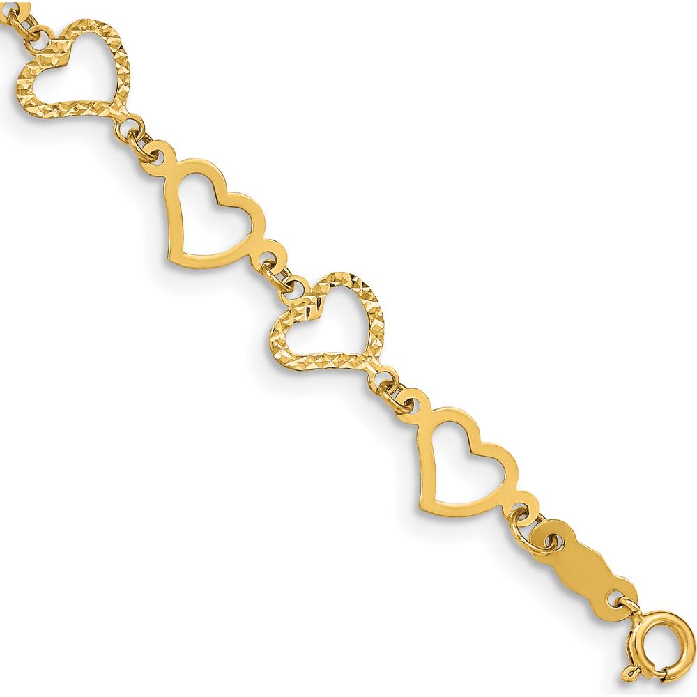 14K Yellow Gold Flat Diamond-Cut and Polished Open Hearts Bracelet - 7.25" Length by Oro Pregiato