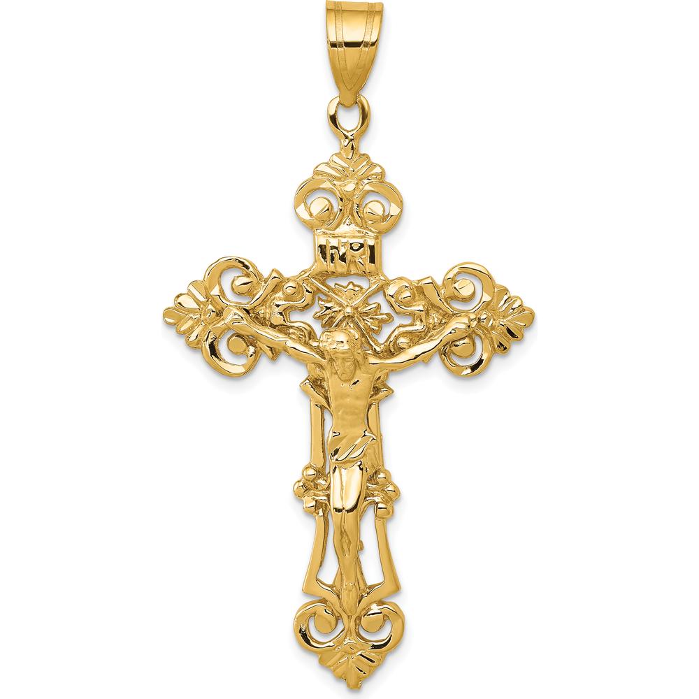 14K Yellow Gold Fleur De Lis Crucifix Pendant with INRI Inscription ...