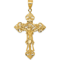 14K Yellow Gold Fleur De Lis Crucifix Pendant with INRI Inscription - 57mm Length by Oro Pregiato