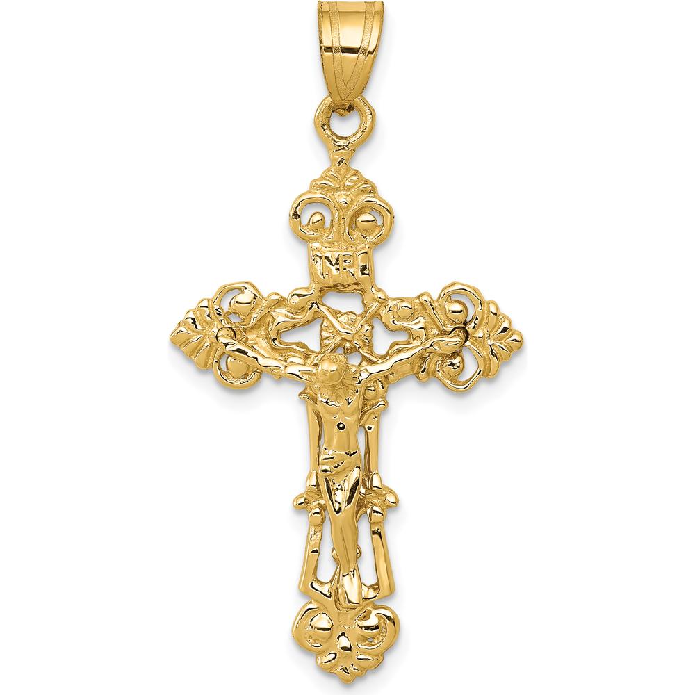 14K Yellow Gold Fleur De Lis INRI Crucifix Pendant - 41mm Length by Oro Pregiato