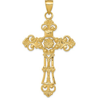14K Yellow Gold Fleur De Lis Large Cross Pendant - 79mm Length by Oro Pregiato