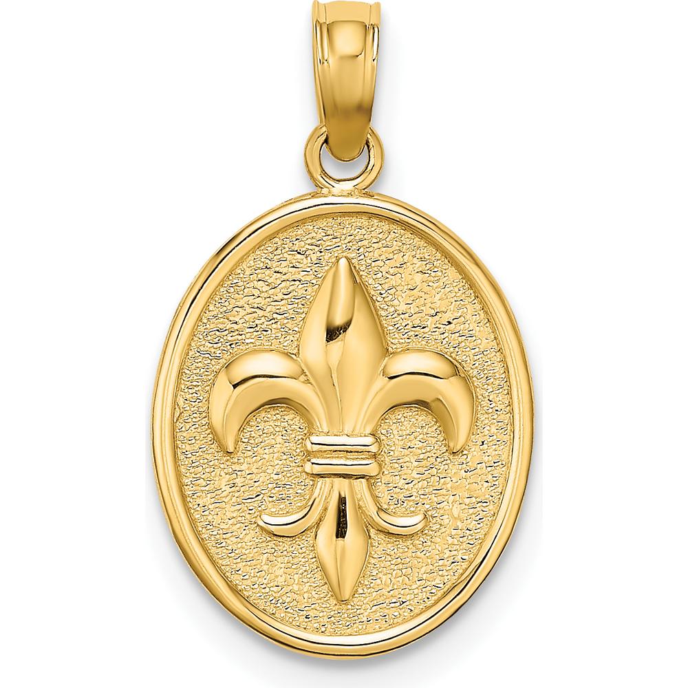 14K Yellow Gold Fleur de Lis Motif Textured Oval Disc Pendant Charm by Oro Pregiato