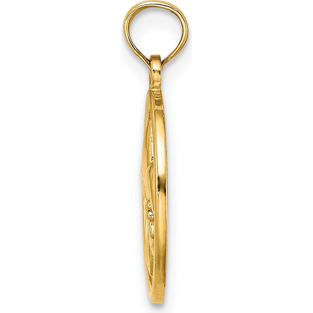 14K Yellow Gold Fleur de Lis Motif Textured Oval Disc Pendant Charm by Oro Pregiato