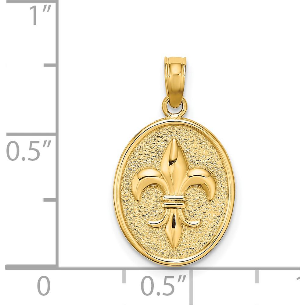 14K Yellow Gold Fleur de Lis Motif Textured Oval Disc Pendant Charm by Oro Pregiato